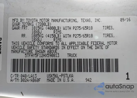 2017 Toyota Tundra Limited 5.7L V8 z USA, uszkodzony, nr VIN 5TFHY5F12HX590813